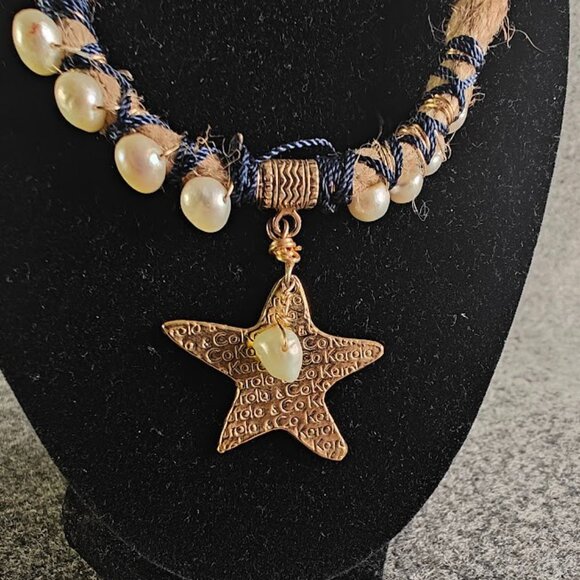 Karola & Co. Necklace Unisex Medium Blue Braided Rope Pearl Star Charm Boho Styl - Picture 2 of 3